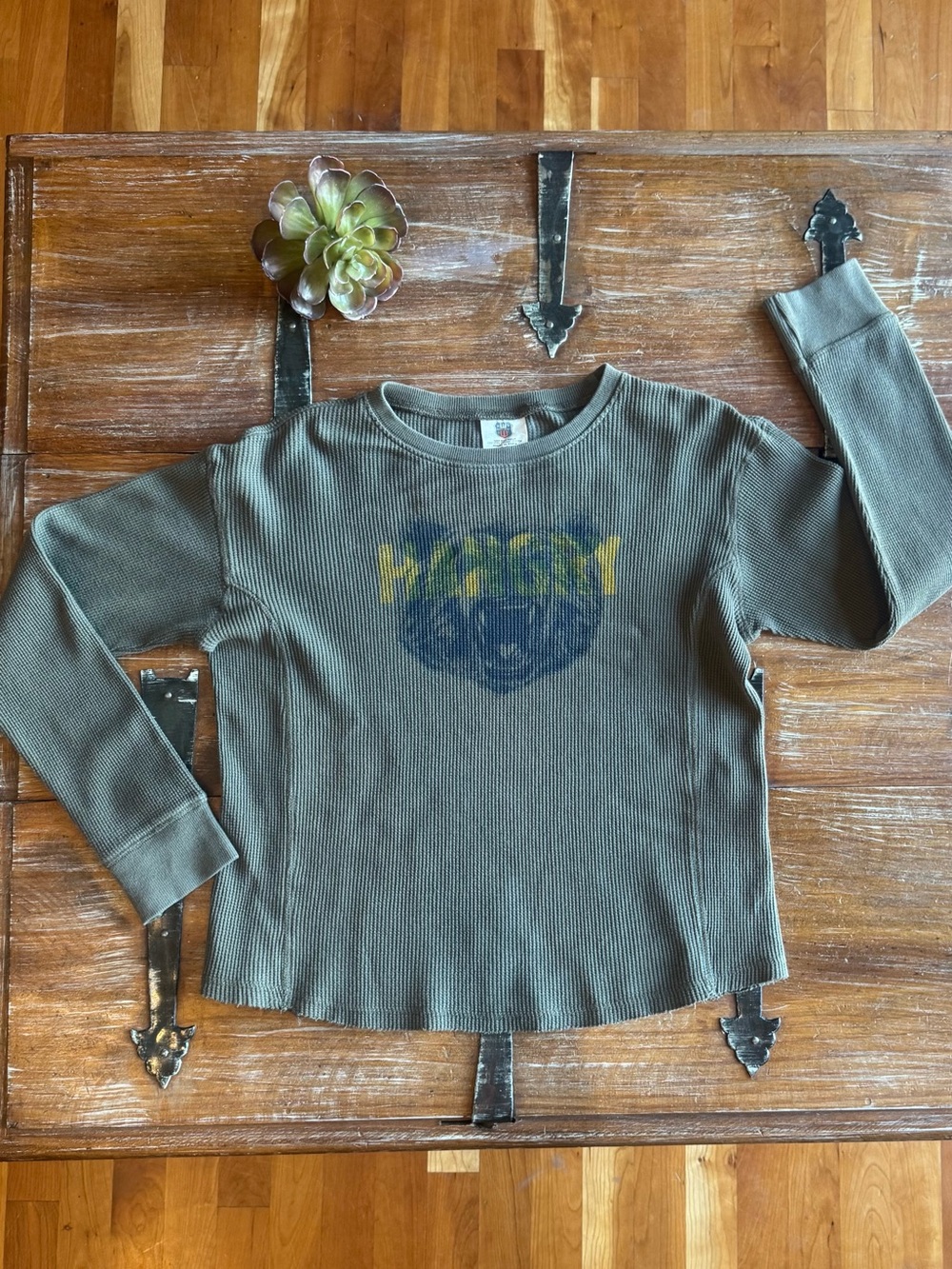 Kids Olive Green Waffle Knit Graphic “Hangry Bear” Long-Sleeve Top